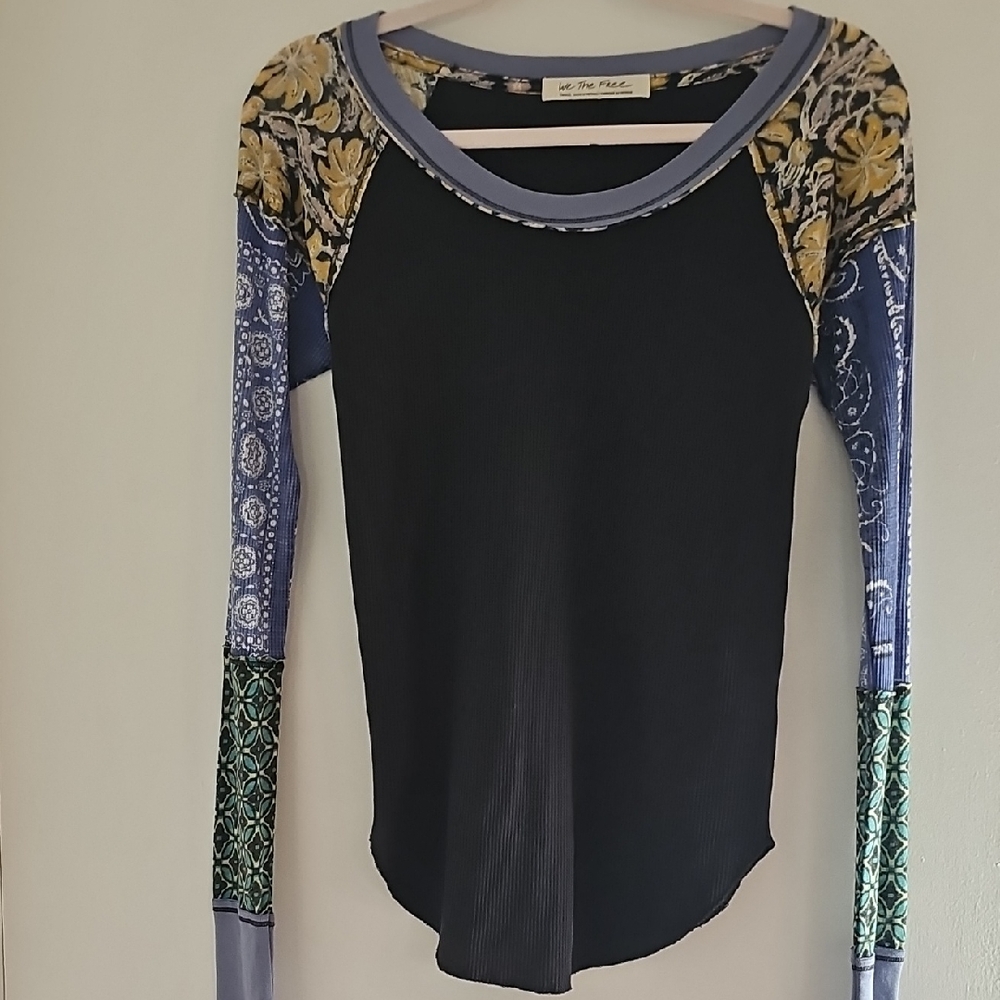 We The Free Black and Blue Floral Long Sleeve Top